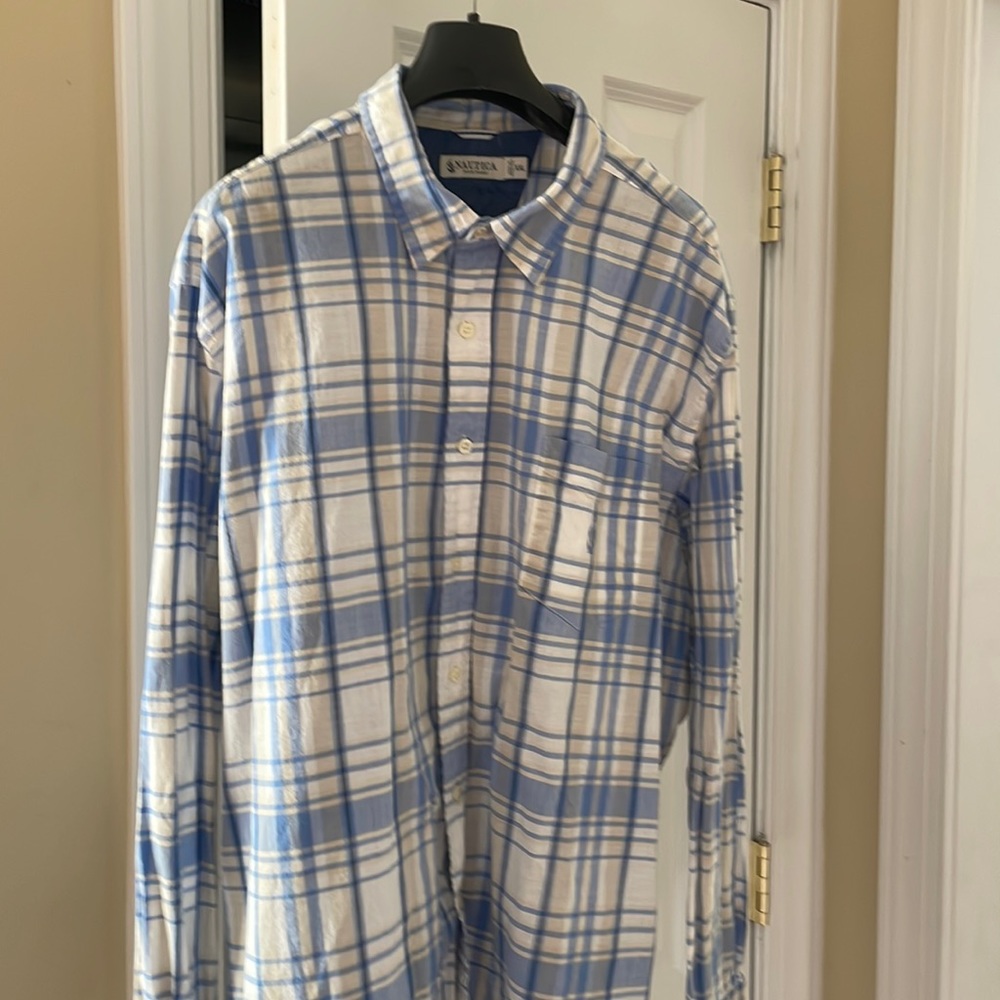 COPY - Nautical Mens XXL button-down shirt in light blue and tan and white plai…